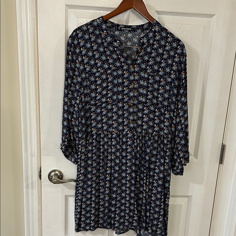 Dark Blue Floral Long Sleeve Dress